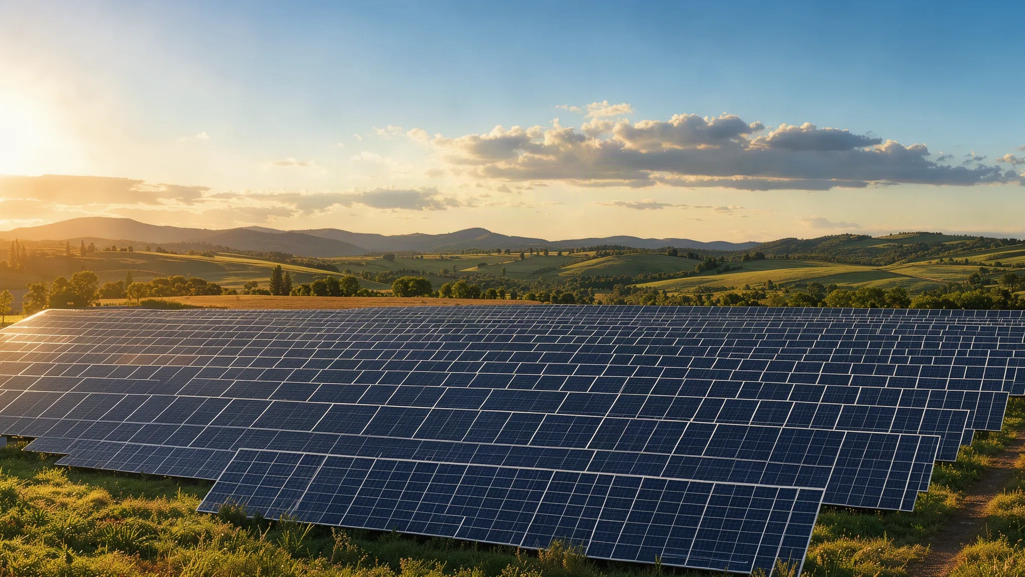 Champ de panneaux photovoltaïques en Italie au soleil couchant